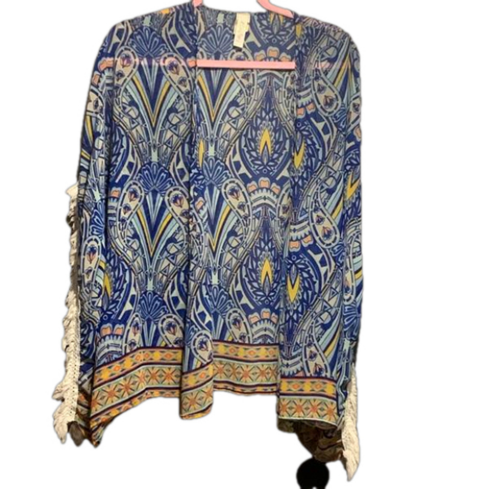 Candy Rose Fringe Hem Sheer Paisley Mosaic Boho Poncho Sheer Kimono